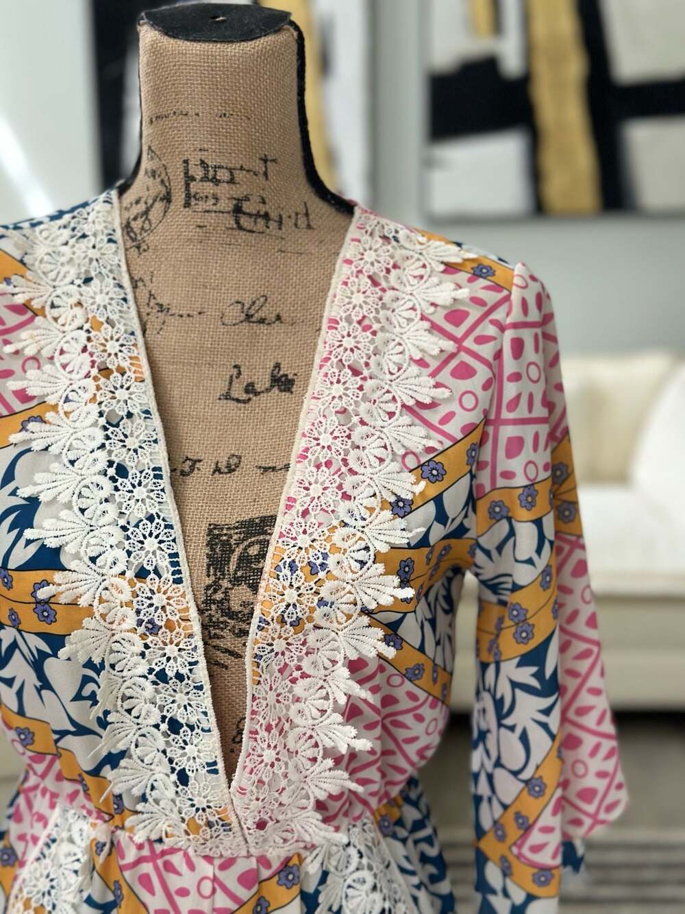 Boho Patterned Lace-Trim V-Neck Romper - Picture 2 of 5